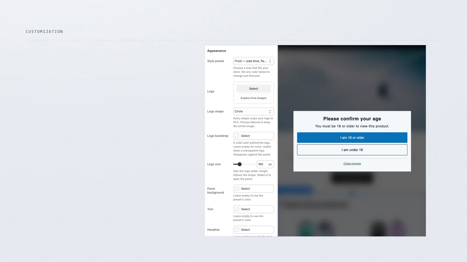 Theme editor with several Hatchway age gate styles.