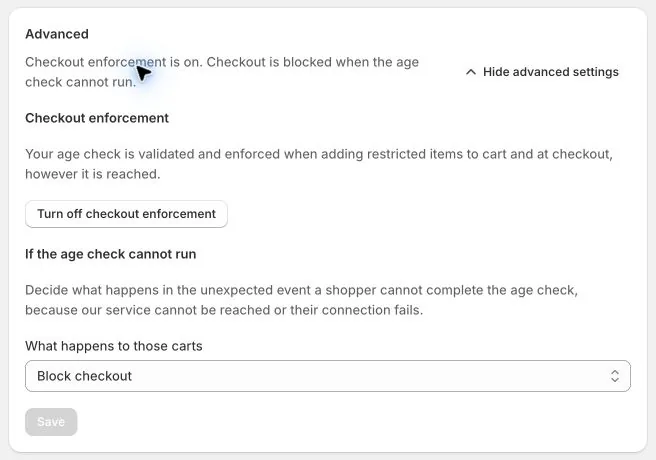 Hatchway enforcement enabled with Block checkout selected if the age check cannot run.