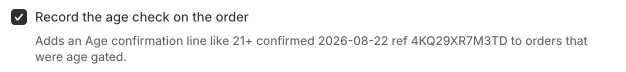 The optional Record the age check on the order setting enabled in Hatchway.