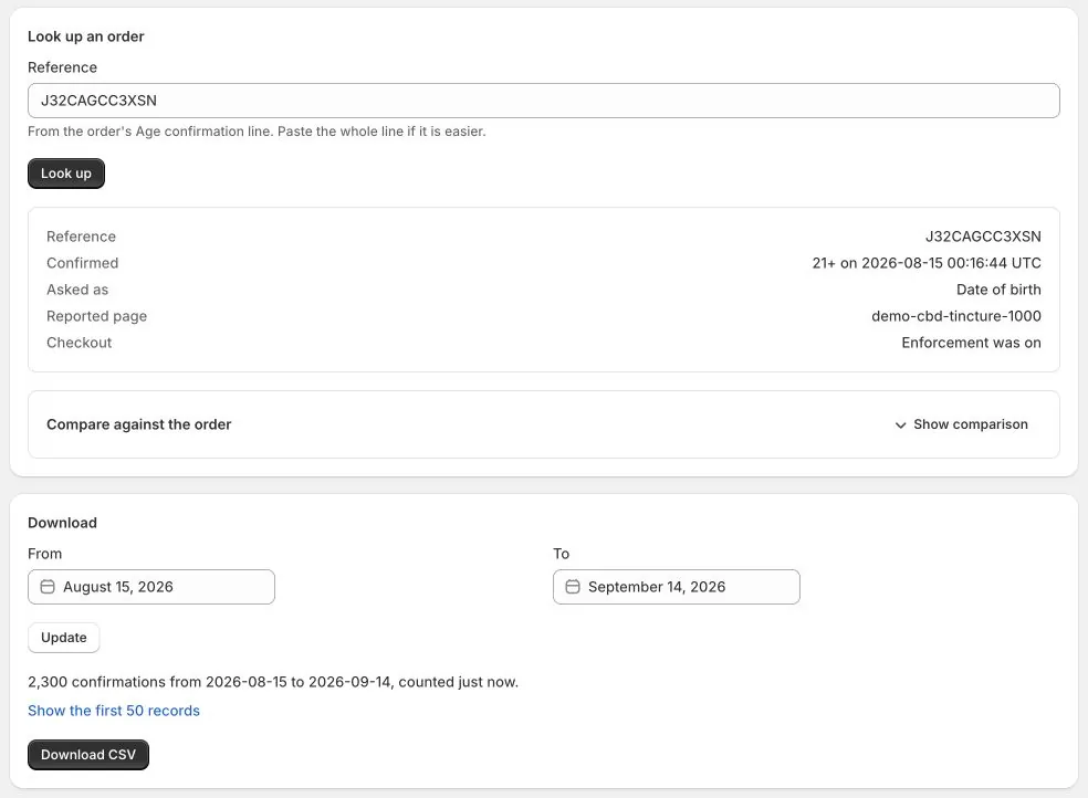 Hatchway reference lookup with a demonstration record and CSV export controls.