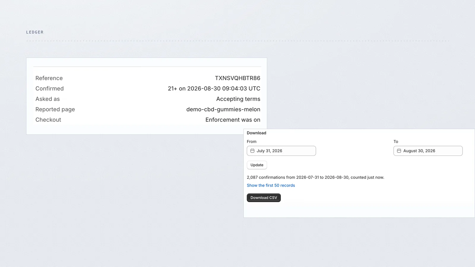Hatchway ledger showing a demonstration confirmation and CSV export controls.