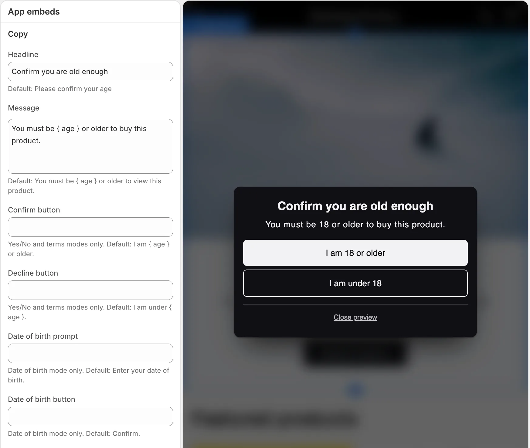 The Hatchway theme editor with custom headline and message text, blank button fields, and a preview that replaces the age placeholder with 18.