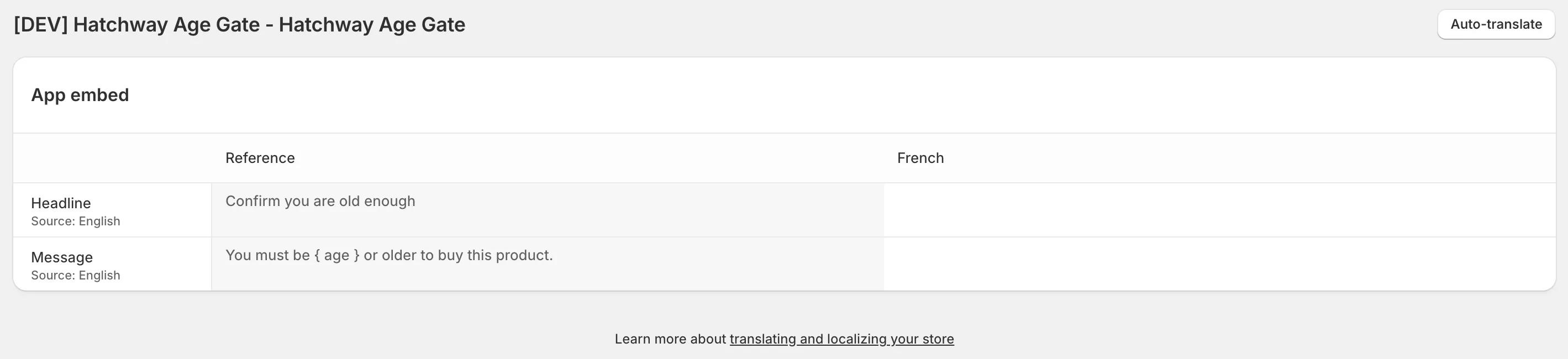 Translate and Adapt showing English headline and message references beside empty French translation fields.